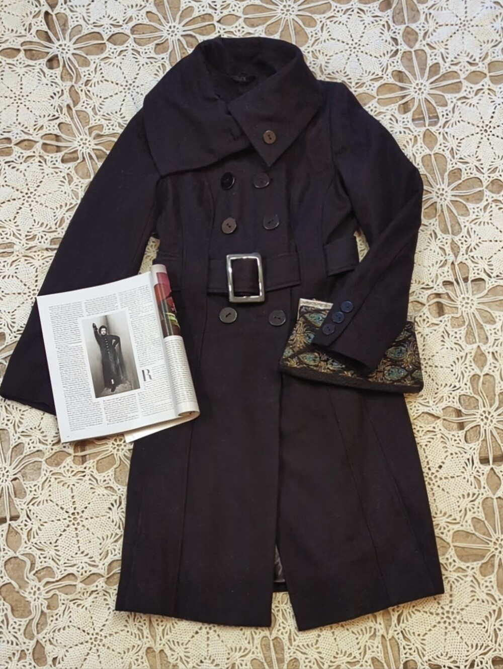 Wool Blend Belted Trench Coat With Oversized Collar